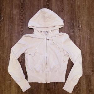 BEBE WHITE CROP ZIP UP HOODIE SWEATER FOIL MEDIUM